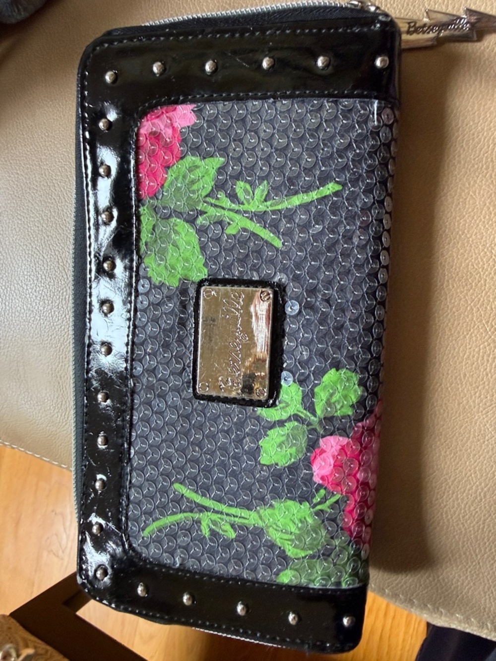 Betsey Johnson Black Floral Zip Around Wallet with Pink and Green Roses